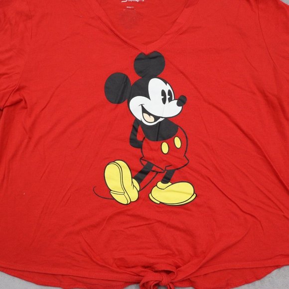 Disney Shirt Women XXL Red Mickey Mouse Graphic Print V Neck Tie Front Crop Tee - Picture 6 of 13